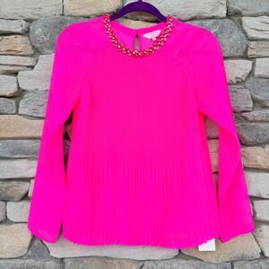 Ted Baker Hot Pink Long Sleeve Jeweled Neck Pleated Top Sz 0